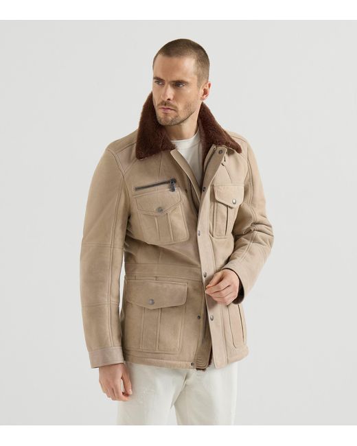 Brunello Cucinelli Brown Waxed Shearling Safari Jacket for men
