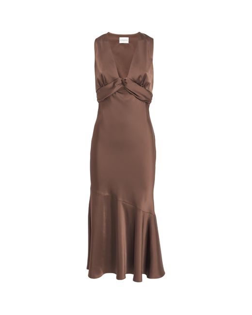 Claudie Pierlot Brown Satin V-Neck Midi Dress