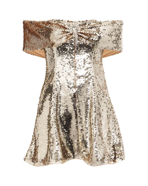 Self-Portrait Natural Sequinned Off-The-Shoulder Mini Dress