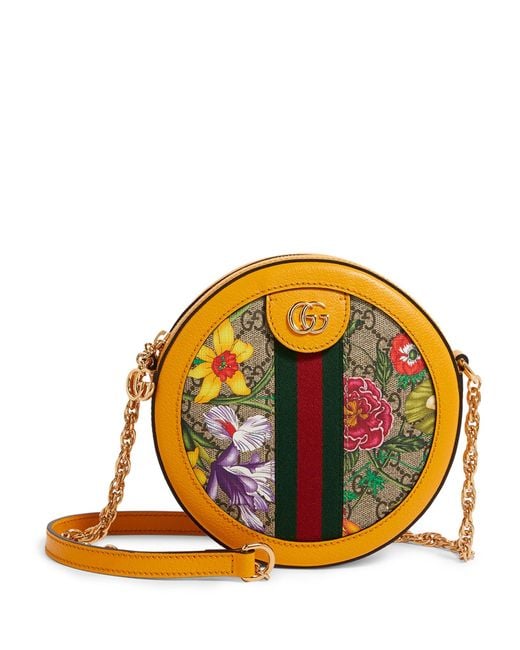 Gucci Yellow Ophidia GG Flora Mini Round Shoulder Bag