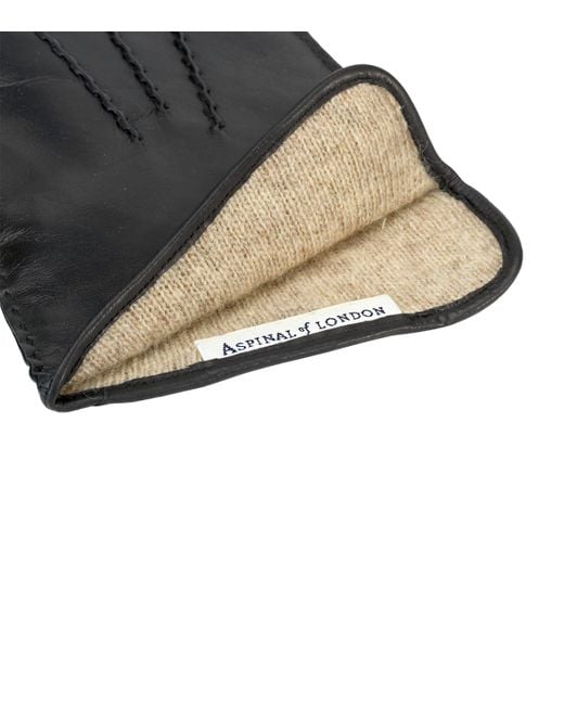 Aspinal Black Wool-Cashmere Lined Leather Gloves for men