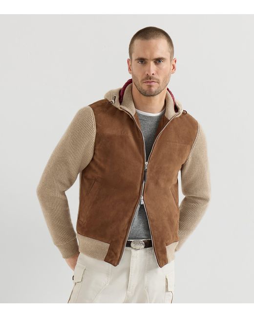 Brunello Cucinelli Brown Ribbed Suede-Panel Hooded Jacket for men
