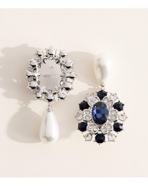 Self-Portrait Blue Faux Pearl And Crystal-Embellished Drop Earrings