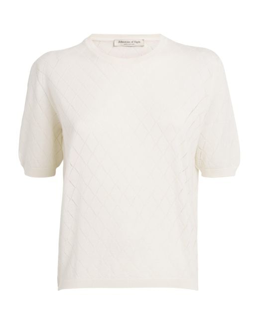 Johnstons White Superfine Merino Argyle Short-Sleeve Sweater