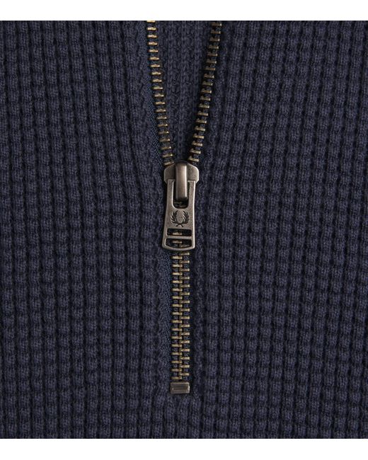 Fred Perry Blue Cotton Waffle Stitch Quarter-Zip Sweater for men