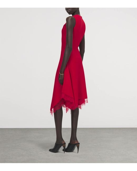 McQueen Red Lace-Hem Sleeveless Midi Dress
