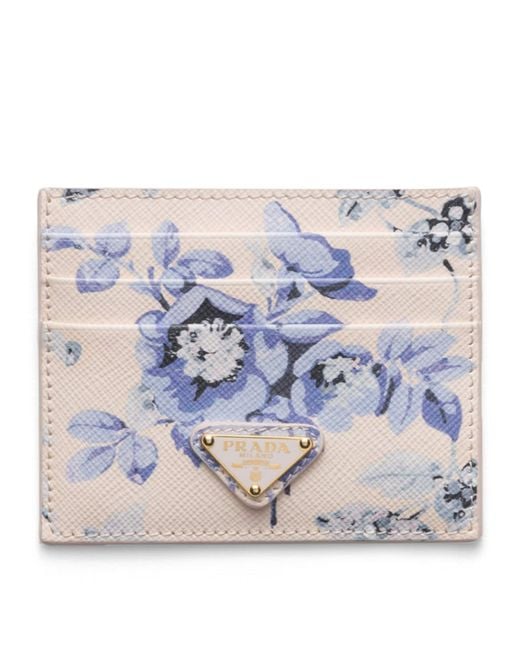 Prada Blue Saffiano Leather Floral Print Card Holder