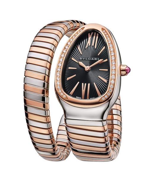 BVLGARI Metallic Stainless Steel, Rose And Diamond Serpenti Tubogas Watch
