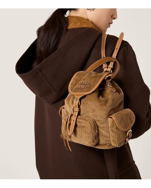 Miu Miu Brown Medium Corduroy Leather-Trim Backpack
