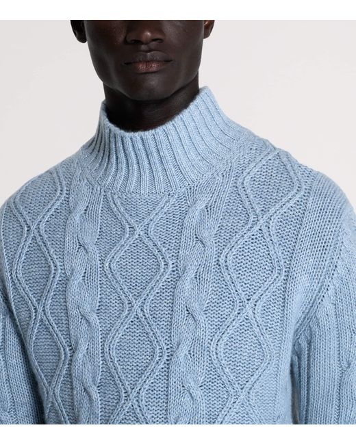 Dunhill Blue Cashmere-Blend Aran Cable-Knit Sweater for men