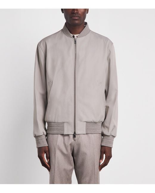 Isaia Gray Lambskin Varsity Bomber Jacket for men