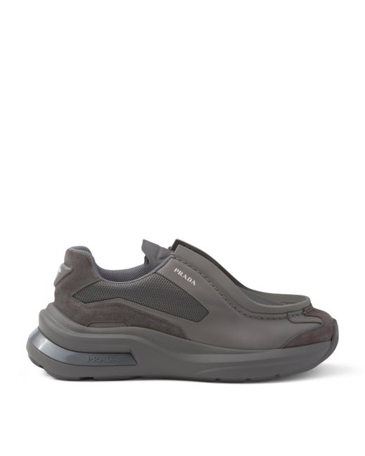Prada Gray Systeme Brushed Leather Sneakers With Bike Fabric And Suede Elements for men