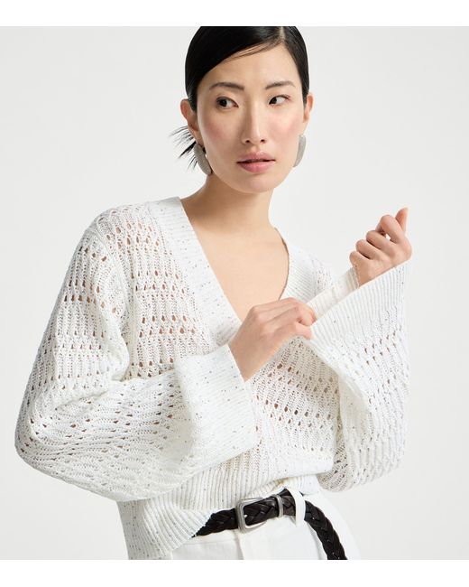 Brunello Cucinelli White Linen-Blend Dazzling Sweater