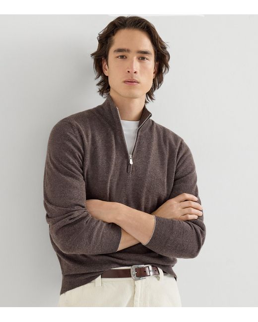 Brunello Cucinelli Brown Cashmere Quarter-Zip Sweater for men