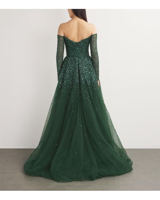 Monique Lhuillier Green Embroidered Off-The-Shoulder Gown