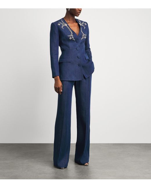 Huishan Zhang Blue Chambray Embellished Clay Blazer