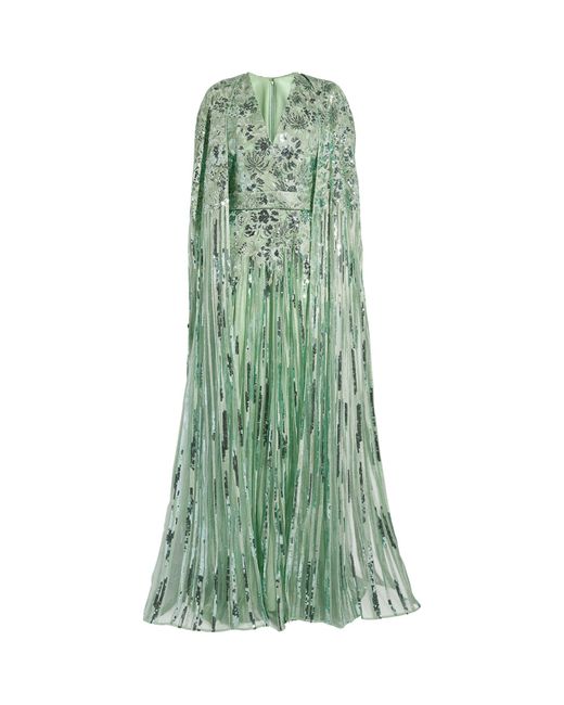 Elie Saab Green Embroidered Sequinned V-neck Gown
