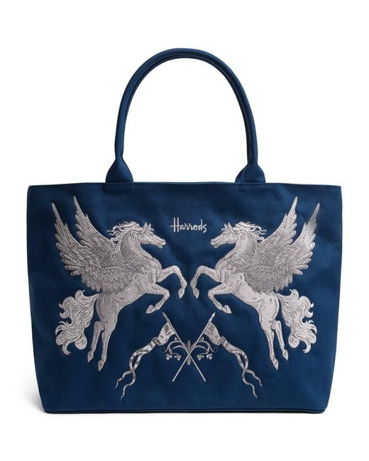 Harrods Blue Canvas Embroidered Tote Bag