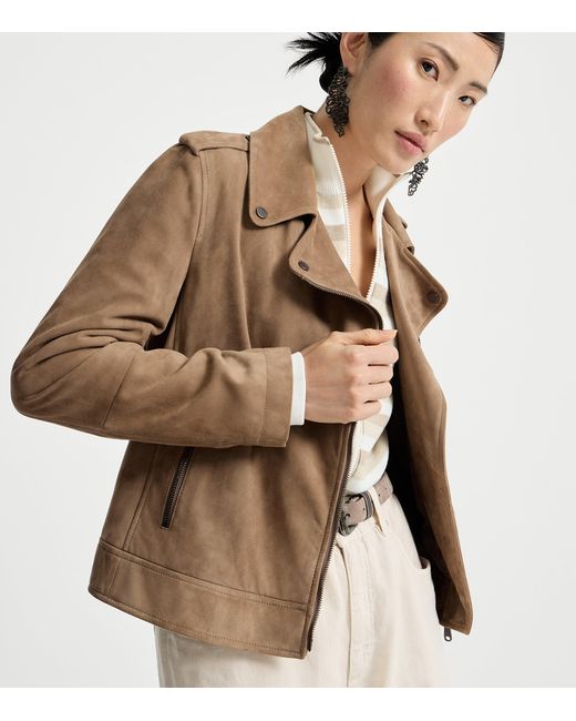 Brunello Cucinelli Brown Suede Biker Jacket