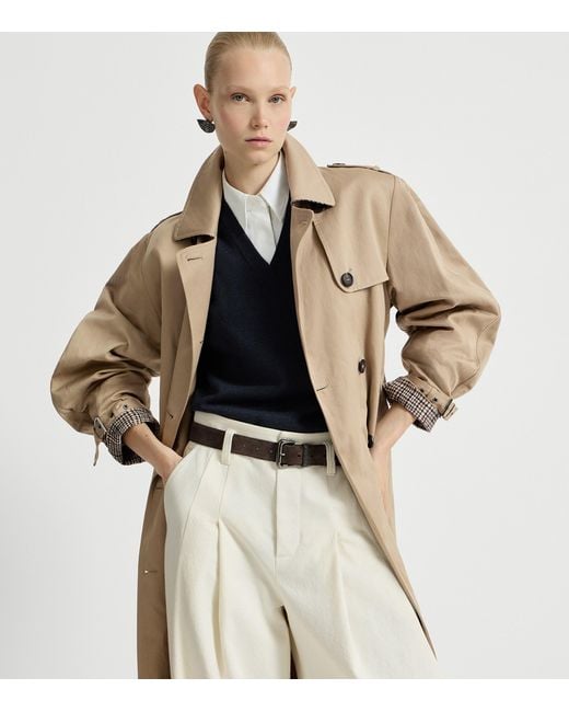 Brunello Cucinelli Natural Cotton-Linen Monili-Detail Trench Coat