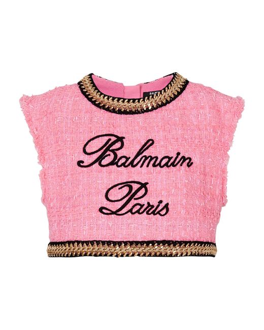 Balmain Pink Tweed Logo Crop Top