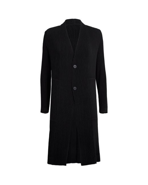 Issey Miyake Black Hatching Pleats Longline Coat