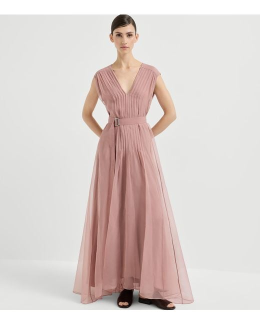 Brunello Cucinelli Pink Silk Belted Maxi Dress