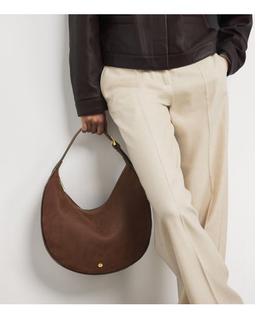 Harrods Brown Large Suede Crescent Shoulder Bag
