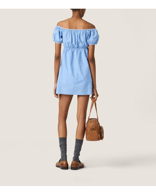 Miu Miu Blue Cotton Poplin Check Mini Dress