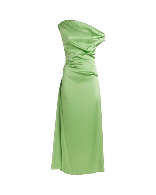 Staud Green Silk Asymmetric Phare Midi Dress