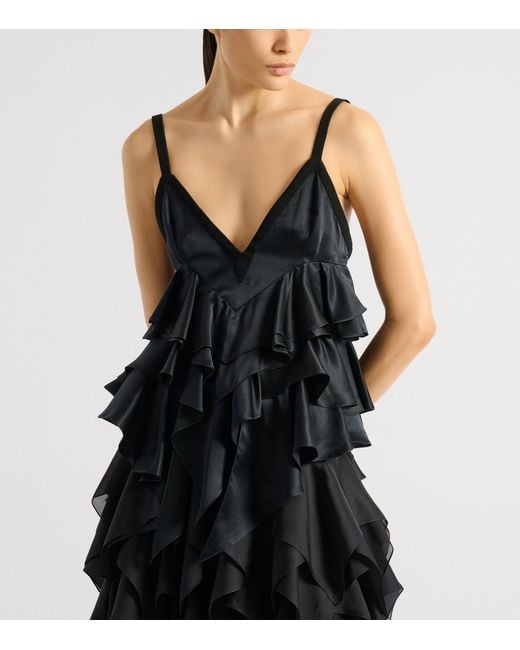 Balmain Black Silk Satin Ruffled Top