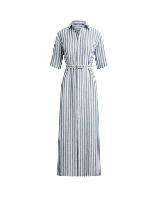 Ralph Lauren Blue Alternating Lines Umbrella Linen Dress