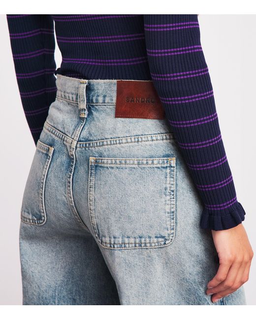 Sandro Blue Leather-Trimmed Straight Jeans