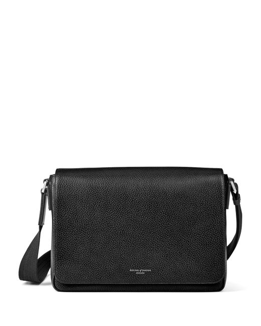 Aspinal Black Leather Reporter Messenger Bag for men