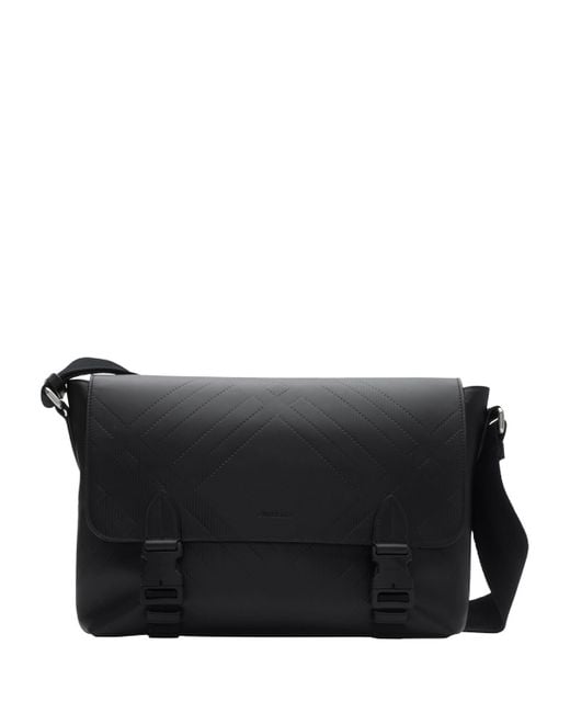 Burberry Black Leather Embossed Messenger Bag for men