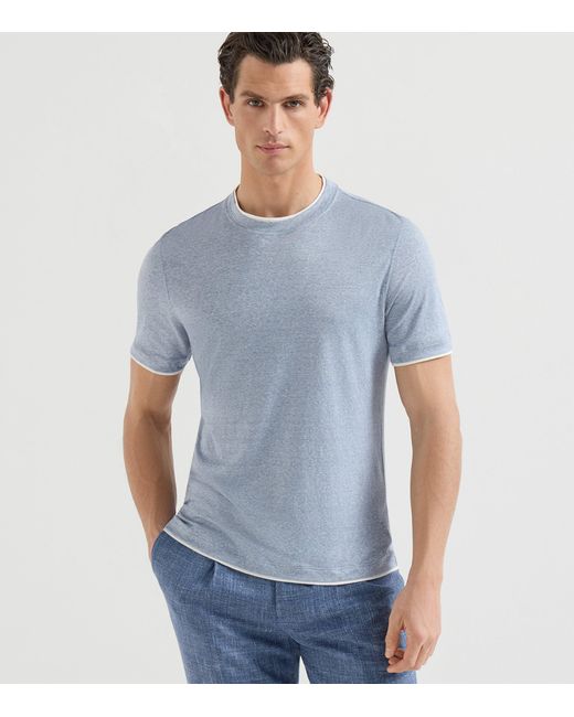 Brunello Cucinelli Blue Linen-Cotton Faux-Layered T-Shirt for men