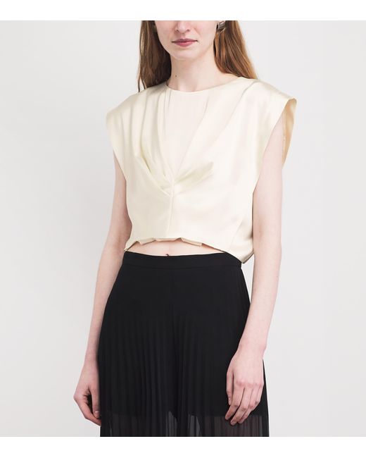 Sandro White Satin Pleated Crop Top