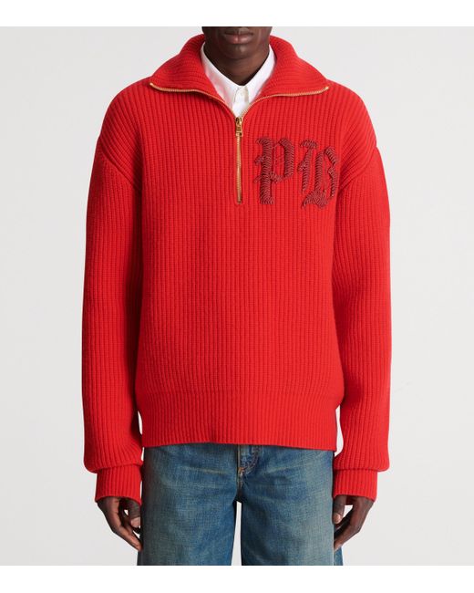 Balmain Red Virgin Wool Half-Zip Sweatshirt for men