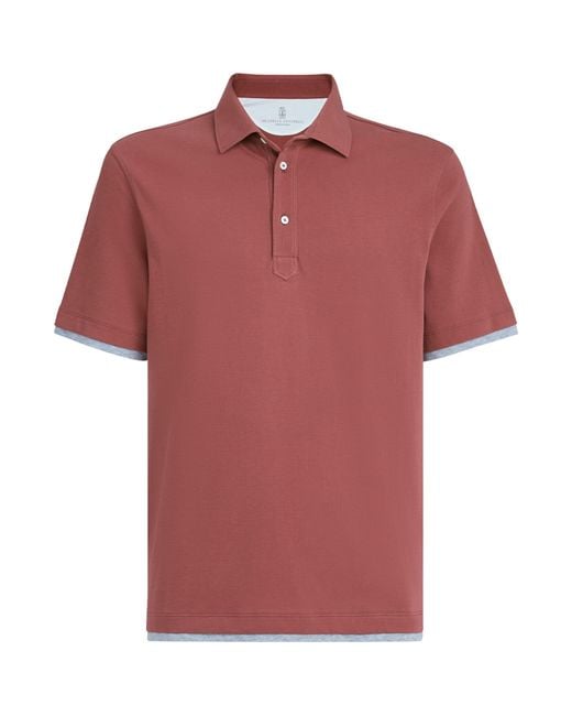 Brunello Cucinelli Red Cotton Piqué Faux-Layerering Polo Shirt for men