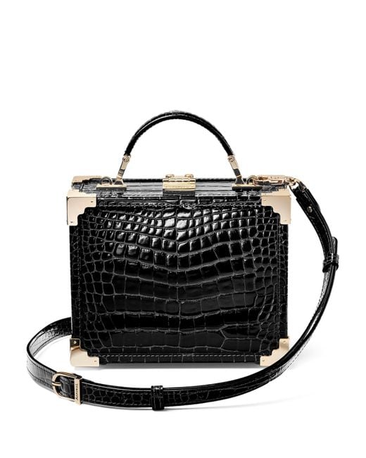 Aspinal Black Croc-Embossed Leather Trunk Top-Handle Bag