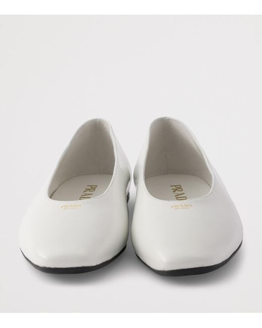Prada White Brushed Leather Logo Ballet Flats