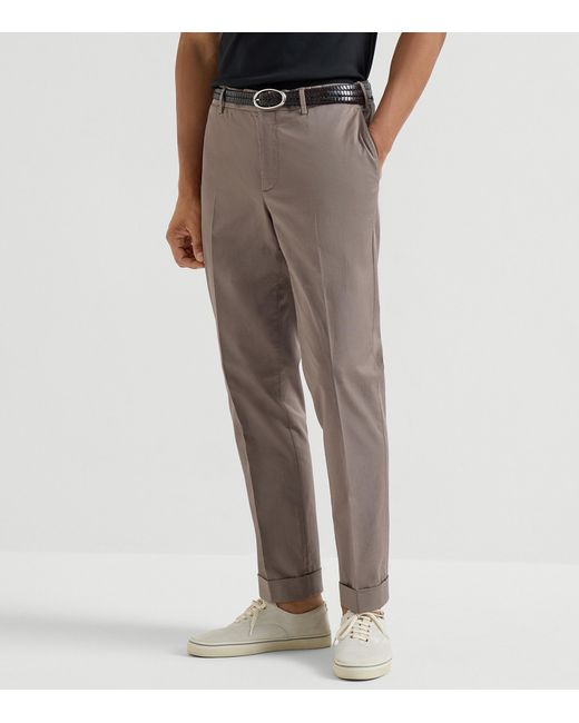Brunello Cucinelli Gray Stretch-Cotton Comfort Gabardine Italian Trousers for men