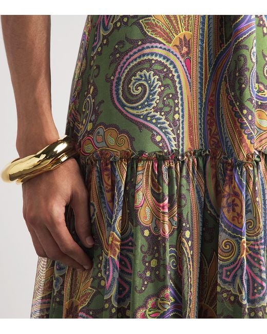Etro Green Silk Paisley Tiered Maxi Skirt