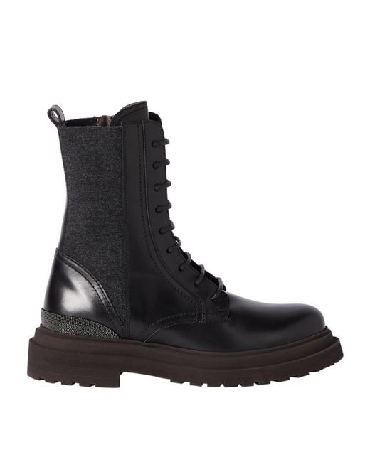 Brunello Cucinelli Black Leather Monili Ankle Boots