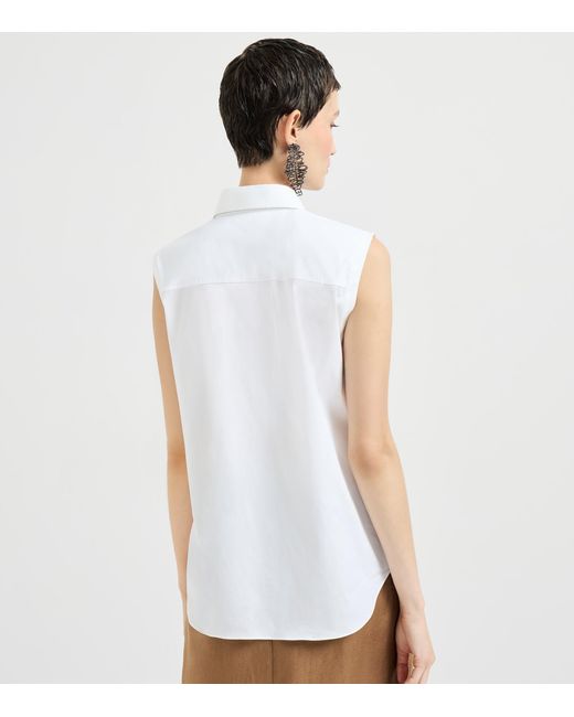 Brunello Cucinelli White Stretch-Cotton Poplin Sleeveless Shirt