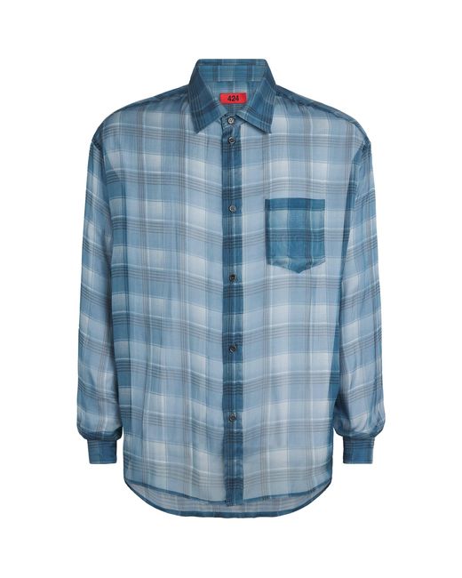 424 Blue Silk Check Shirt for men