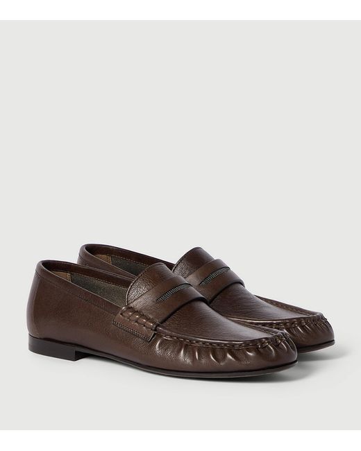 Brunello Cucinelli Brown Leather Embellished Loafers