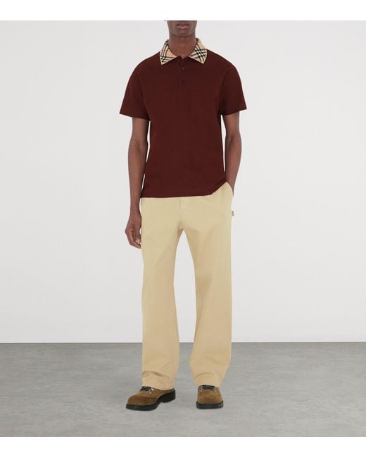 Burberry Brown Cotton Check-Collar Polo Shirt for men
