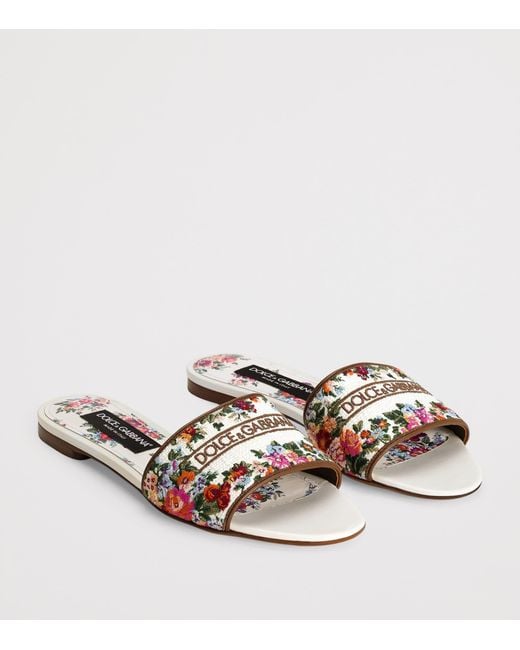 Dolce & Gabbana White Leather Embroidered Floral Slides