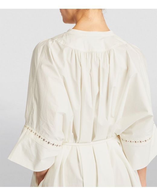 Yves Salomon White Cotton Poplin Leather-trim Kaftan Dress